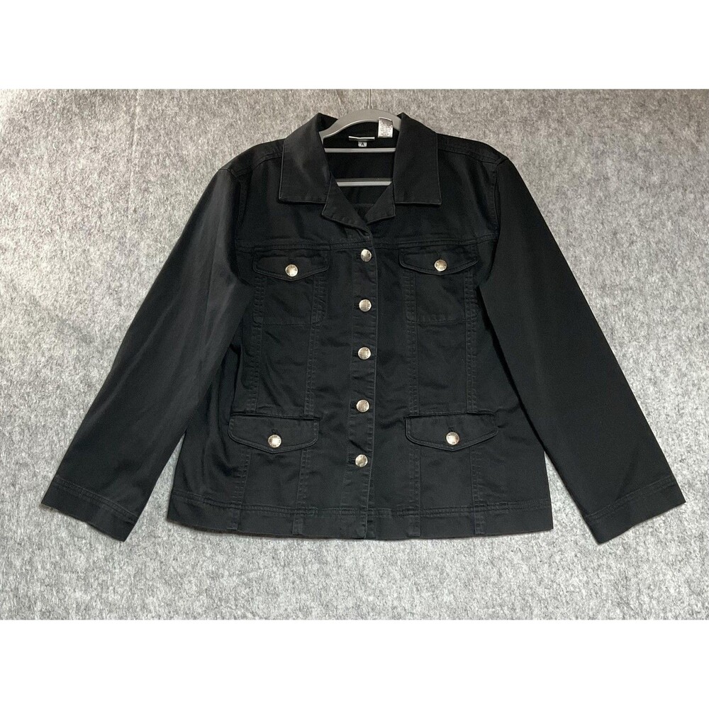 Chicos Jacket Womens 1 Medium Black Denim Button Front Pockets Stretch Everyday